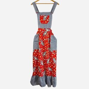 Vintage 1970s Cottagecore Gingham Prairie Pinafore Maxi Dress Red Floral Medium